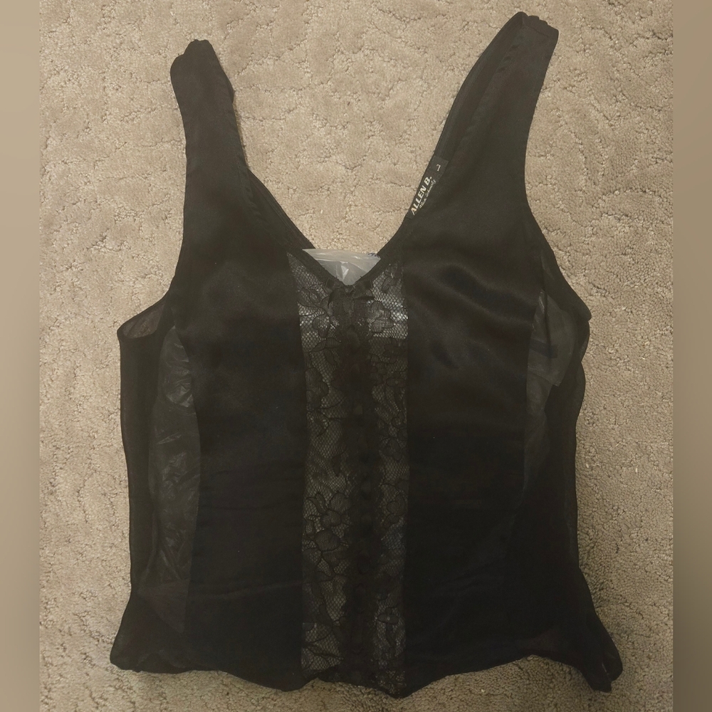 Allen B. Black Silk & Lace Sheer Panel Cami L